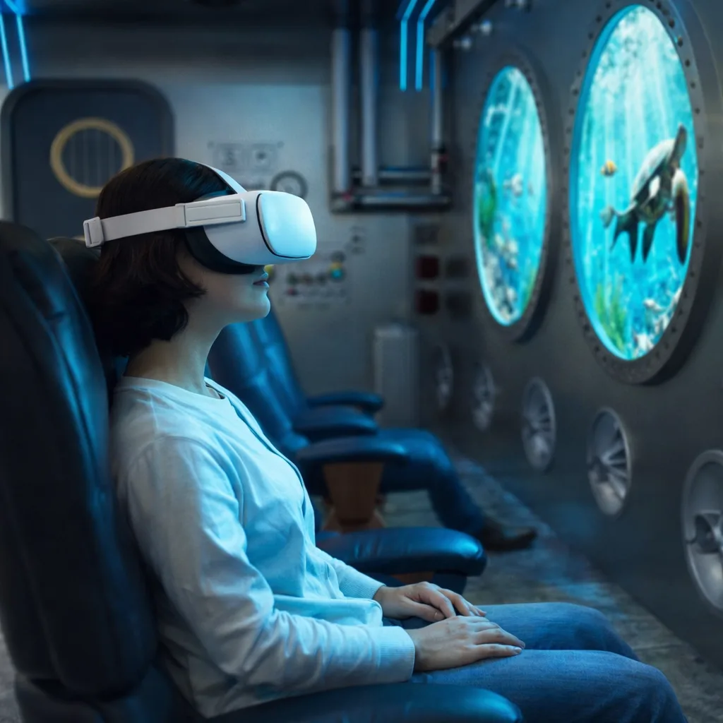 Passageira com óculos VR dentro do Mundo Submarino